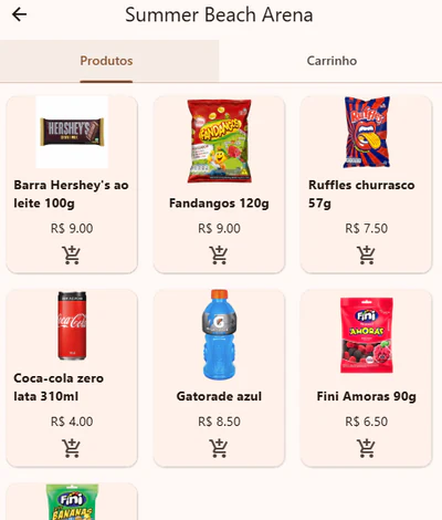 Tela de produtos do aplicativo Android da Summer Beach Arena ainda em desenvolvimento